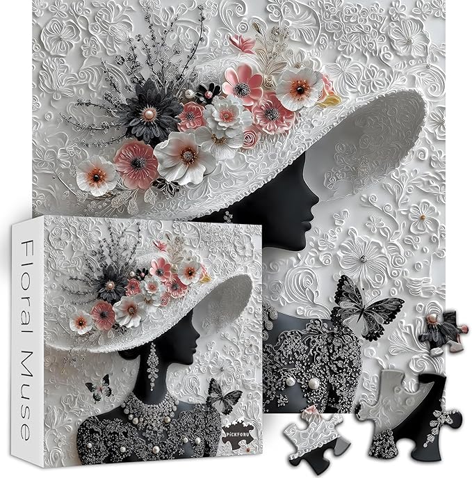 Impossible Puzzles for Adults 1000 Pieces,PICKFORU Floral Muse Puzzle Elegant Lady,Beauty Flower Woman Puzzle Black and White Pearl,Hard Challenge Jigsaw Puzzles Aesthetic