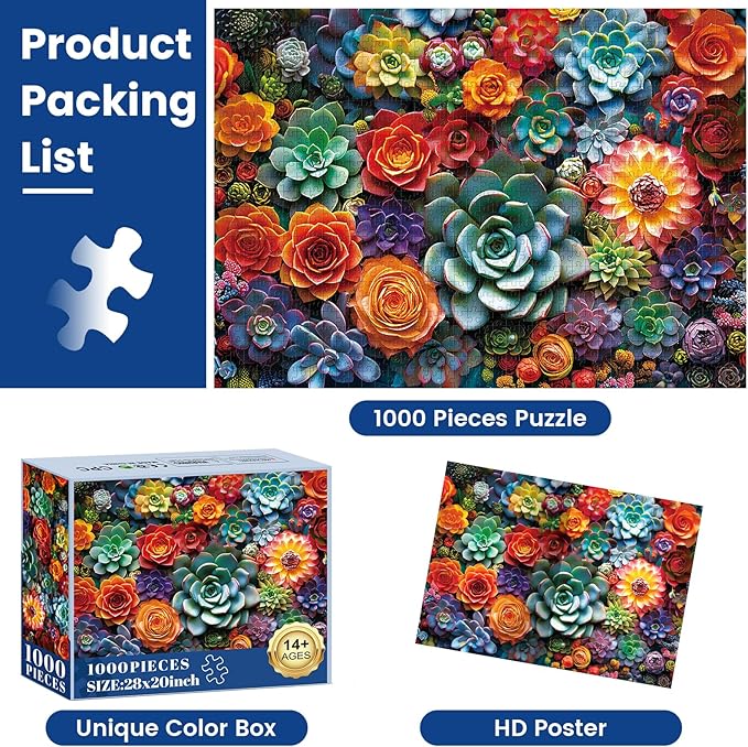 1000 Piece Puzzle for Adults - Colourful Flowers & Succulent Plants Puzzle for Adults Children - Recycled Paper Jigsaw Puzzle 1000 Pieces - Fun and Challenging Family Game Great Gift Idea, 28 * 20 in