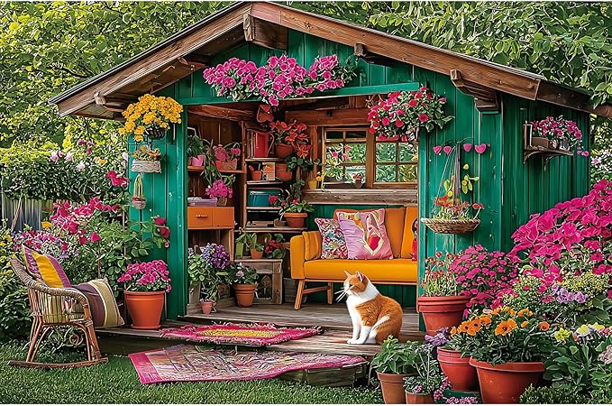Flower House 500 Piece Puzzle for Adults Colorful Garden Shed Cat Jigsaw Puzzles with Letters on Back Perfect Family Challenge for Game Nights(23"X15")