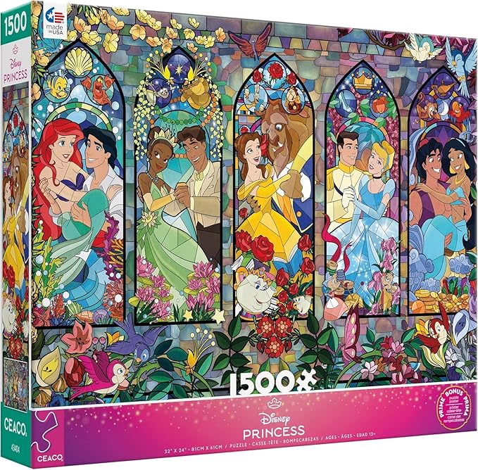 Ceaco Disney Princess Royal Windows Jigsaw Puzzle – 1500 Piece Puzzle for Adults, Stained Glass–Style Princess Artwork, Includes Reference Poster