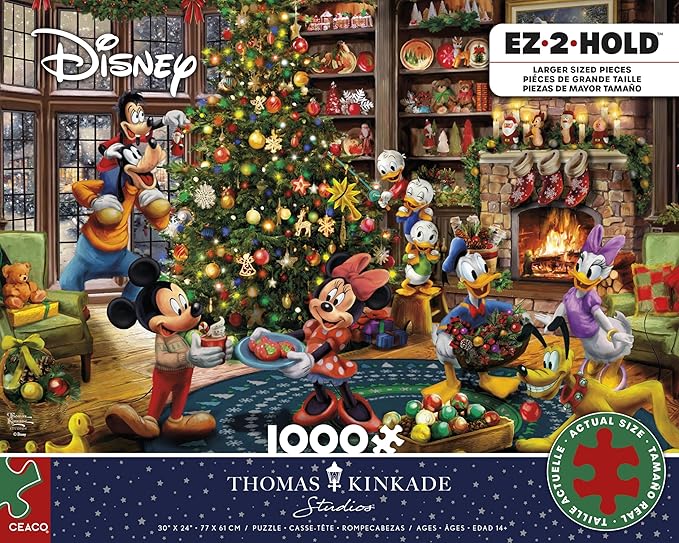 CEACO - Thomas Kinkade - Mickey & Minnie Trimming The Tree - 1000 Piece EZ 2 Hold Holiday Jigsaw Puzzle - Festive Puzzles for Adults – Precision-Cut Pieces and Hours of Relaxing Fun