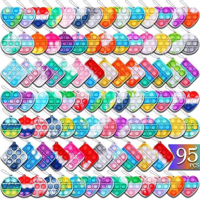 Arme 95Pcs Pop Fidget Toys，Party Favors Toddler Toys Pop Fidget Keychain Mini Fidget Toys Bulk Sensory Toys Stress Toy, Party Fidget Pack Popper Toy Gift for Girls Boys