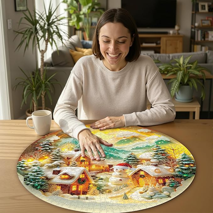 Round Jigsaw Puzzle 1000 Pieces - 3D Paper-Cut Winter Snow Village - 26.6" Circular Challenge, Christmas Snowman Landscape, Mindful Holiday Activity Gift
