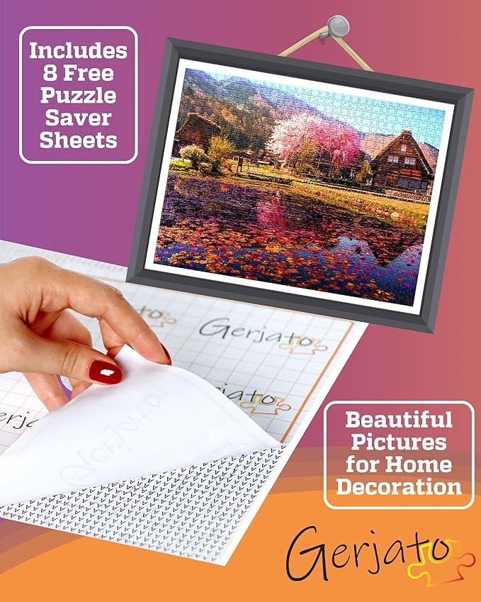 1000 Piece Puzzle for Adults - Scenic Village with Cherry Trees in Bloom, Gift-Ready Box, Letters on Back, 8 Jigsaw Puzzle Saver Sheets & Full-Size Poster by GERJATO - Ideal Gift for Loved Ones