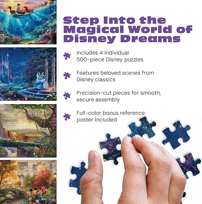 Ceaco - 4 in 1 Multipack - Thomas Kinkade - Disney Dreams Collection - Cinderella, The Lion King, Mickey and Minnie, & The Little Mermaid - (4) 500 Piece Jigsaw Puzzles , Blue