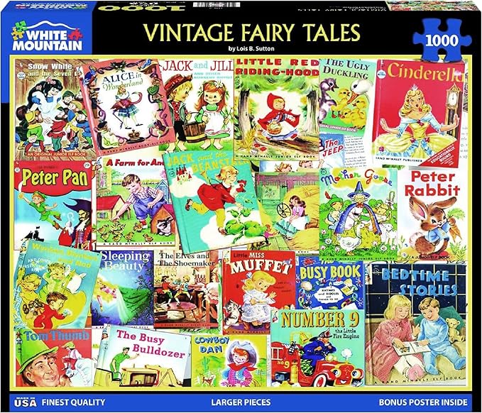 White Mountain 1000 Piece Jigsaw Puzzle Nostalgic Childhood Storybooks Collage with Large Pieces Gift for Adults and Family 24"x30" - Vintage Fairy Tales
