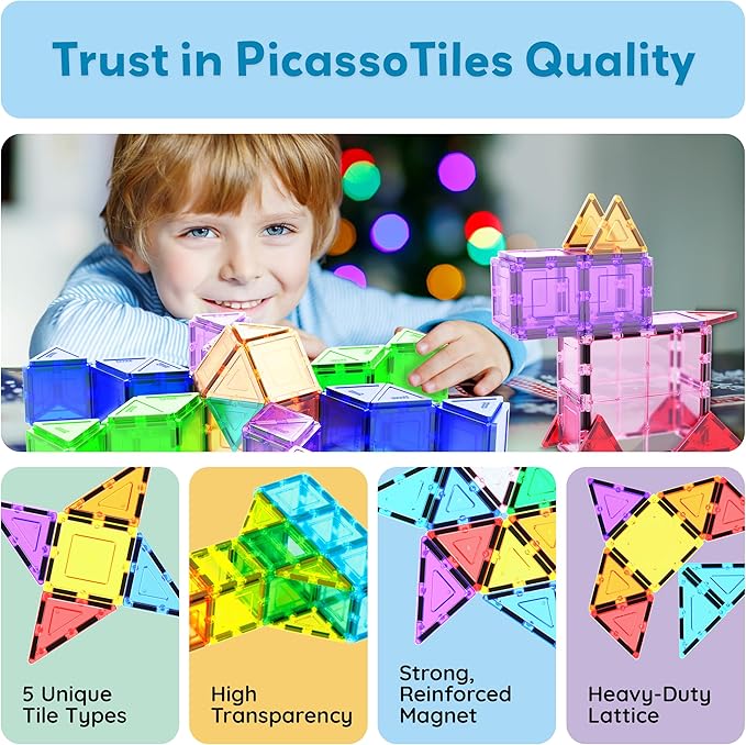 PicassoTiles 101 PCs Magnetic Tiles Building Block with Storage Case Included Bold Colors Travel Carry Case Construction Set for Boys & Girls Great Gift Preschool Kindergarten Montessori Playing Toys