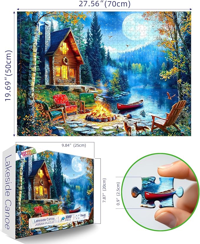 1000 Piece Jigsaw Puzzles for Adults, Moonlit Lakeside Cabin with Bonfire Puzzles for Adults, Impossible Challenging Difficult Puzzle Gift for Adult Jigsaw Puzzle Lovers (27.5"x19.7")