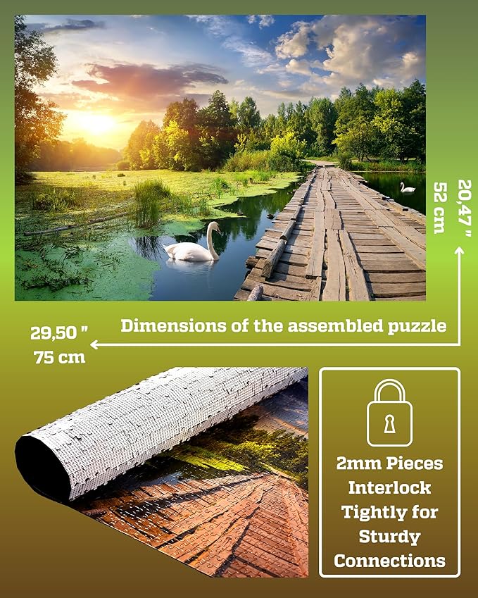 1000 Piece Puzzle for Adults - Golden Hour Lake with Wooden Bridge & Swans, Gift-Ready Box, Letters on Back, 8 Jigsaw Puzzle Saver Sheets & Full-Size Poster by GERJATO - Ideal Gift for Loved Ones