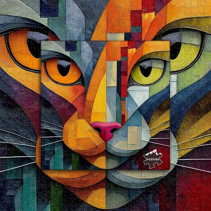 Colorful Abstract Cat Puzzles for Adults 1000 Pieces, Geometric Kitten Face Jigsaw Puzzle, Impossible Difficult Hard Challenge for Adults, Modern Home Wall Decor Art