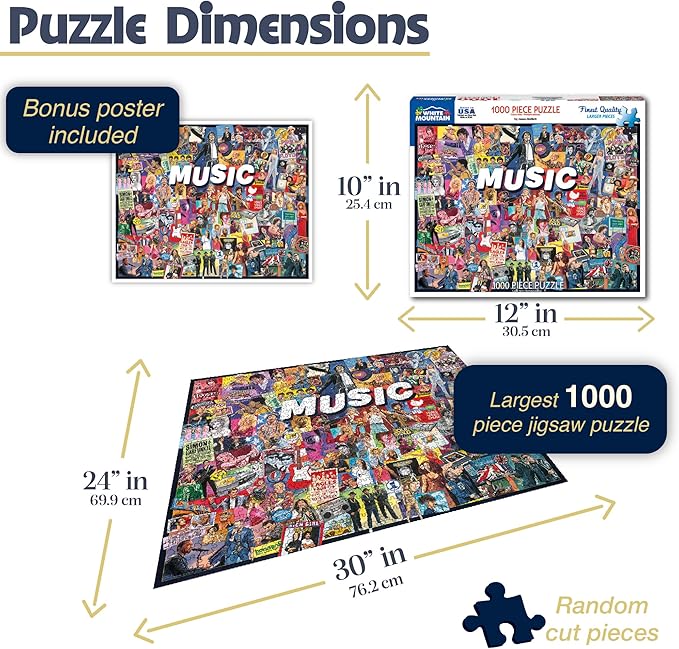 White Mountain 1000 Piece Jigsaw Puzzle Rock Pop Legends Collage Puzzles with Large Pieces for Adults and Family 24"x30" – Music