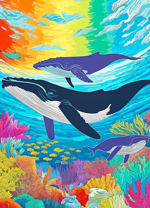 Lucky Puzzles - Kaleidoscope of the Sea - 1000 Piece Jigsaw Puzzle for Adults | Vibrant Whale and Reef Artwork | Challenging Puzzle for Adults for Puzzle Lovers