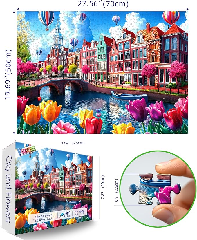 Puzzles for Adults 1000 Pieces, Amsterdam Canals-Tulip Flower, City Buildings Challenging Jigsaw Puzzles for Adults for Family Fun Challenging, Party Game Gifts Decoration, 27.5 x 19.7 inch