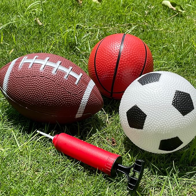 Toddler Balls, Indoor and Outdoor Family Games for Kids, Garden Toys. (Pack of 3) 4.7-Inch Basketball, 4.7-Inch Football, 6.3-Inch American Football(Hand Pump Included). Pet Toys