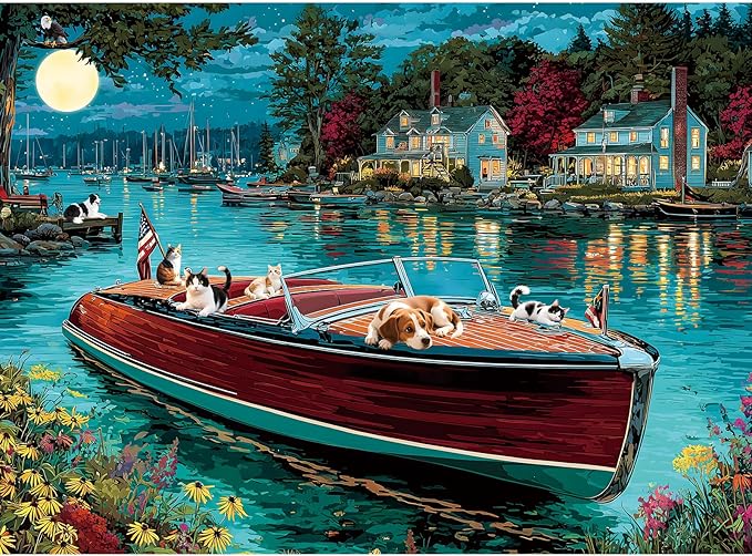 300 Piece Puzzles for Adults, 300 Piece Puzzles for Adults Large Piece, Nighttime Lake Boat Dogs Cats Jigsaw Puzzle Funny Gift for Adult Kids Challenging Family Games Toy, 20.5 X 15 in