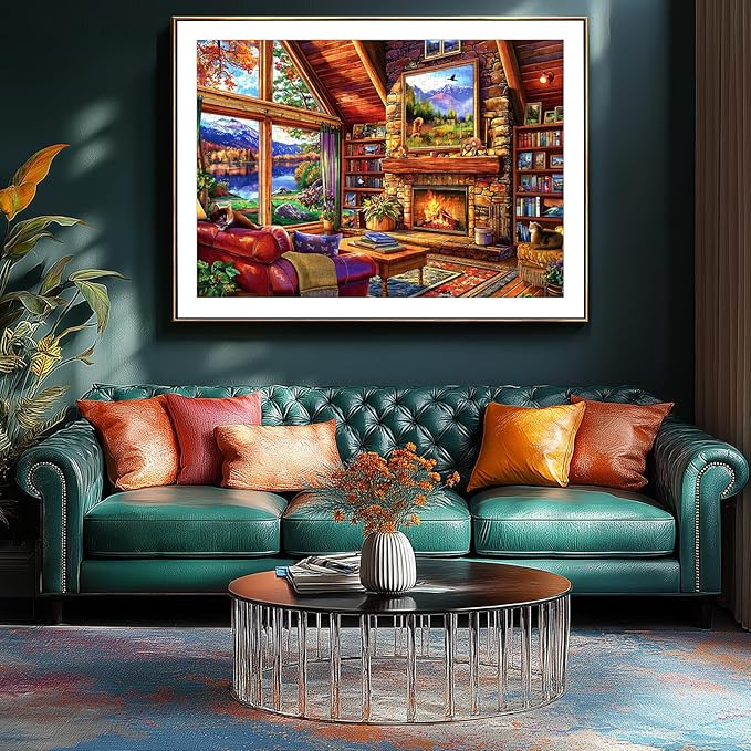 Cabin Living Room 500 Piece Jigsaw Puzzles for Adults Autumn Mountain Lake View Puzzle with Letters on Back Perfect for Game Night Scenic Landscape Puzzle Home Decor & Relaxing Gift- 23x15 Inch