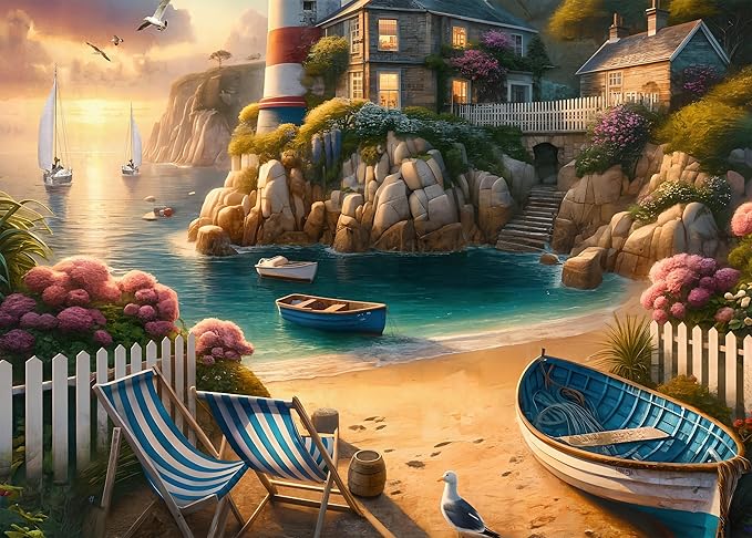 Rocorose 1000 Piece Puzzle for Adults, Lighthouse Coast Jigsaw Puzzles for Family, Beach Landscape Puzzles Sunrise Sunset for Game Night Fun Activity