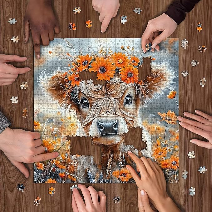 PICKFORUF Floral Calf 1000 Piece Puzzle for Adults,Orange Flower Cute Cow Jigsaw Puzzles 1000 Pieces,Nature Wildflower Grassland Animal Puzzle
