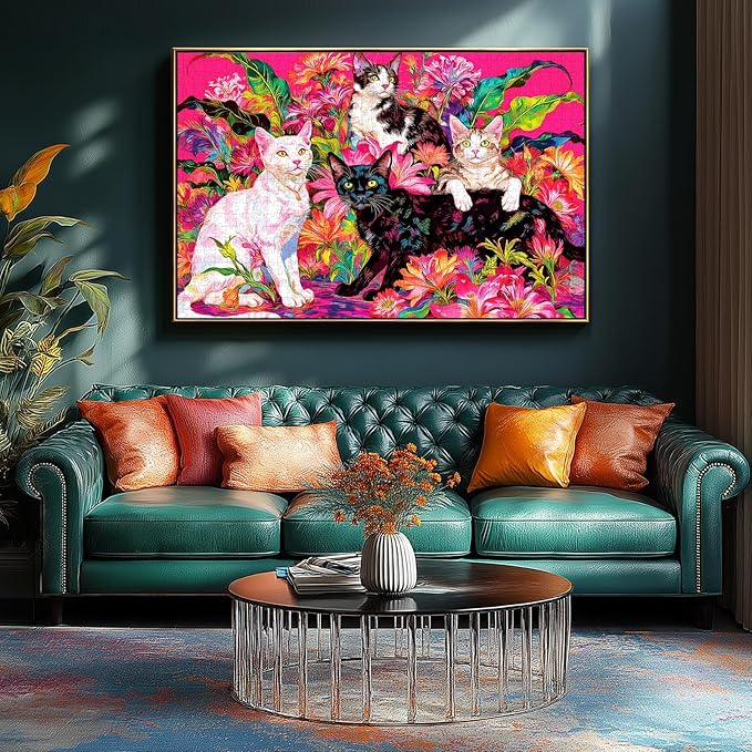 Spring Cat & Flower 1000 Piece Puzzles for Adults Clearance, Colorful Fun Puzzles for Adults 1000 Pieces with HD Print & Poster, 27.5" X 19.7" Dust Free, for Gifts Halloween Christmas Family Games