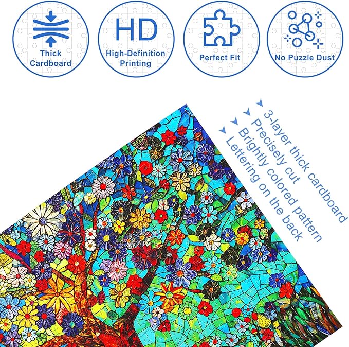 500 Piece Puzzles for Adults Stained Glass Tree of Life Flower Puzzle for Adults Colorful Mosaic Jigsaw Puzzles 500 Pieces with Letters on Back Hard Impossible Difficult Challenging Family Puzzle