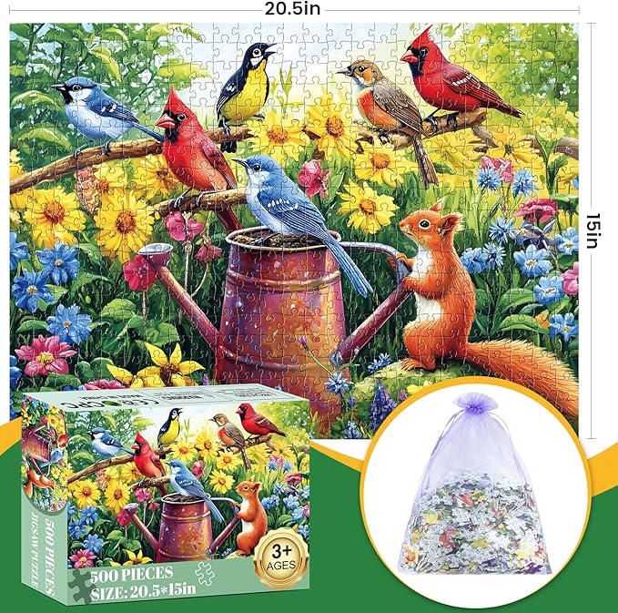 500 Piece Puzzles for Adults, Flowers Garden Puzzles, Birds Squirrels Jigsaw Puzzles 500 Pieces, Challenging Jigsaw Puzzles, Great for Birthday Party Gathering, Finished Size is 20.5 x 15 in
