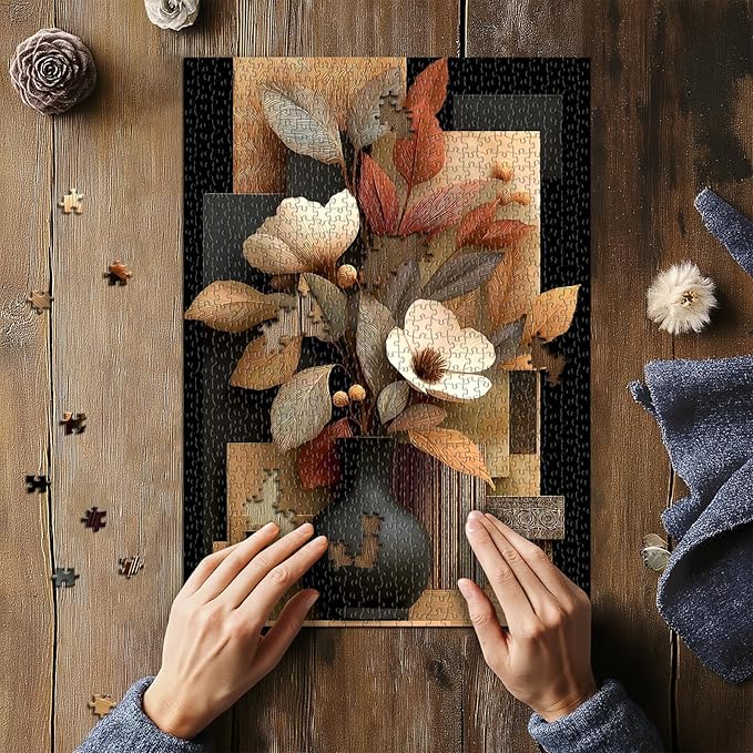 Timber Blooms Puzzles for Adults 1000 Pieces, Unique Flower Jigsaw Puzzle Vase, Floral Bloom Puzzle, Beautiful Flower Wall Decor