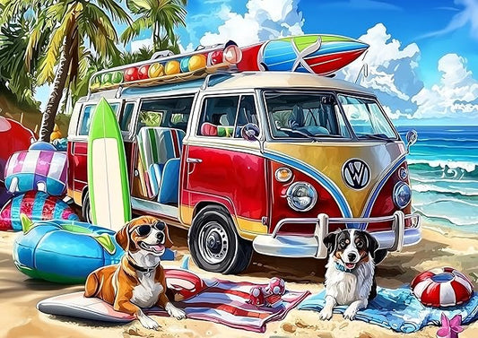 1000 Piece Jigsaw Puzzle for Adults, Summer Beach Van with Dogs Theme, 27.56x19.69 Inches, Stress Relief & Home Decor