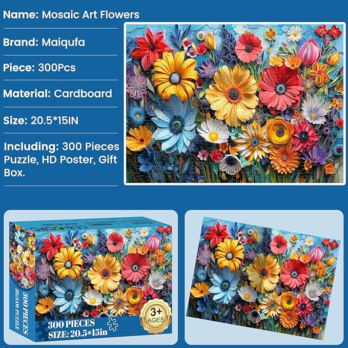 300 Pieces Puzzle for Adults | Colorful Flower Large Piece Puzzle | Recycled Cardboard Puzzles 300 Pieces | Challenging Game Home Decor Birthday Party Gift Toy for Adults Kids Seniors 20.5 * 15 inch