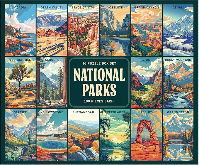 RoseArt - National Parks Jigsaw Puzzle Box Set - 16 Mini Puzzles, 100 Pieces Each - Colorful Puzzle Gift Set for Adults