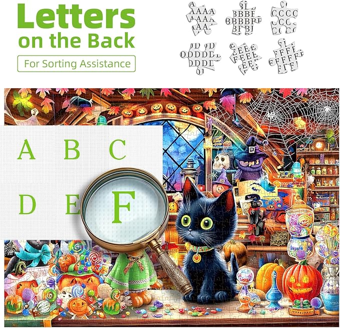Halloween Puzzle for Adults 1000 Pieces, Cat and Witch Magic Shop Jigsaw Puzzle with Letters on Back with Pumpkin Candy Spooky Decor for Halloween Party, Family Night (27.5" x 19.7")