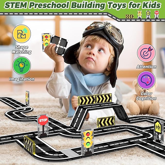 Magnetic Tiles Road Expansion Set, STEM Magnetic Building Blocks for Kids Ages 3-5 4-8 5-7, Preschool Learning Sensory Kids Toys for Toddler Birthday