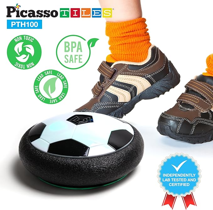 PicassoTiles Hoverball Air Hockey Soccer Floating Disc with LED Light Airlift Power Soft Bumper Indoor Gliding Toy Battery Operated Movement Training Game for Physical Activity Kids Age 3 Plus PTH100