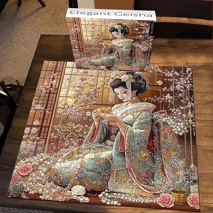 PICKFORU Elegant Geisha Puzzles for Adults 1000 Pieces, Retro Kimono Cherry Blossom Jigsaw Puzzles, Japanese Art Puzzle as Wall Art Decor