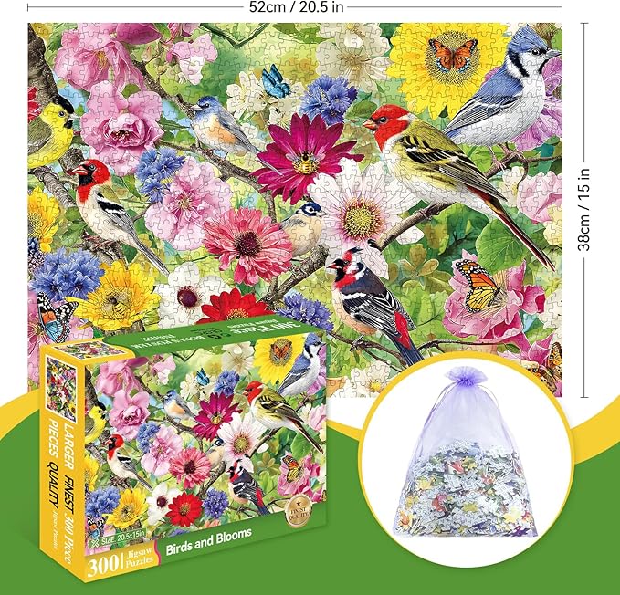 300 Piece Puzzles for Adults, 300 Piece Puzzles for Adults Large Piece, Spring Flowers Birds Butterflies Jigsaw Puzzle, Challenging Puzzle Perfect for Game Nights, 20.5 X 15 in