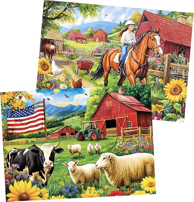 2 Pack 500 Pieces Puzzle for Adults, US Country Life Farm Puzzles for Adults Seniors, Horse Cow Tractor Flower Jigsaw Puzzles 500 Pieces, Colorful Challenging Puzzles 20.5 * 15