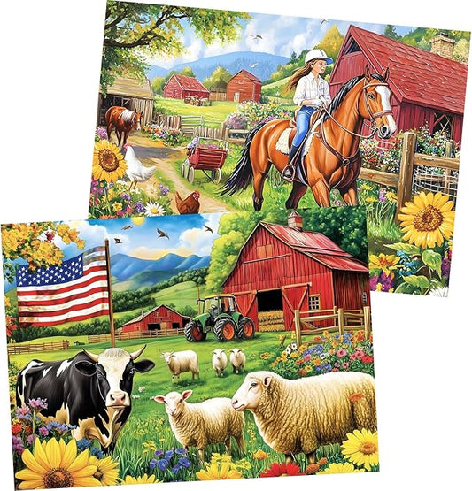 2 Pack 500 Pieces Puzzle for Adults, US Country Life Farm Puzzles for Adults Seniors, Horse Cow Tractor Flower Jigsaw Puzzles 500 Pieces, Colorful Challenging Puzzles 20.5 * 15