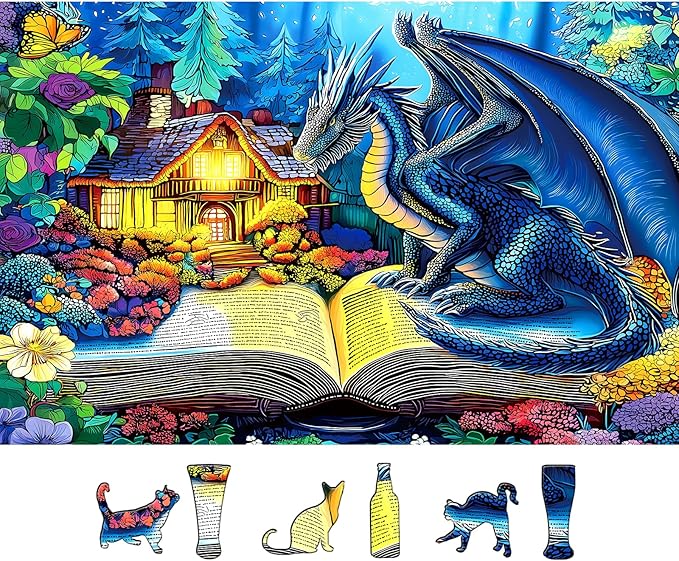 Dragon Jigsaw Puzzle for Adults 500 Piece, Magic Dinosaur Reading Books Puzzles Fantasy Animal Wildflower Challenge for Adults, Family, Decoration, Party Game, Finished Size 23" x 15"