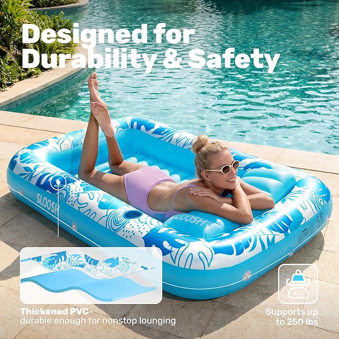 SLOOSH Inflatable Tanning Pool Lounger Float, 70" x 46" Pool Floats Adult with Pillow, 4 in 1 Suntan Tub Raft Floatie,Sunbathing Bed Lounge for Water Blow Up Kids Ball Pit Party Gifts, L-Blue