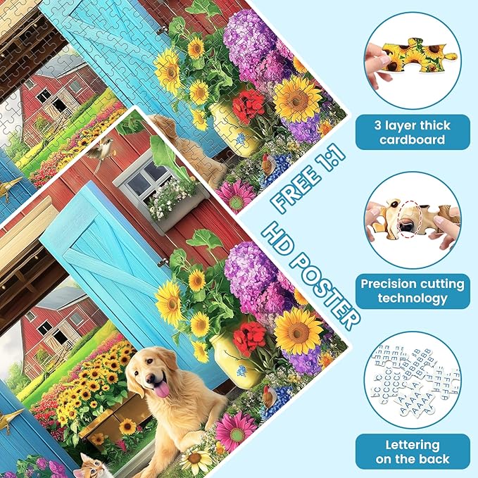500 Piece Animal Farm Puzzle for Adults, Spring Flowers Jigsaw Puzzle, 500 Piece Dog and Cat Puzzle as Home Decor, Friends Family Activity Game Nights Gifts, 20.5×15 in