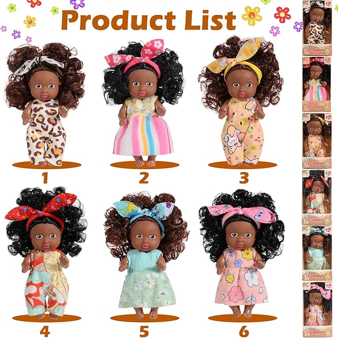 dollbie Adorable 6 Pack African Girl Dolls - Posable 4-Inch African American Dolls with Curly Hair & Stylish Outfits