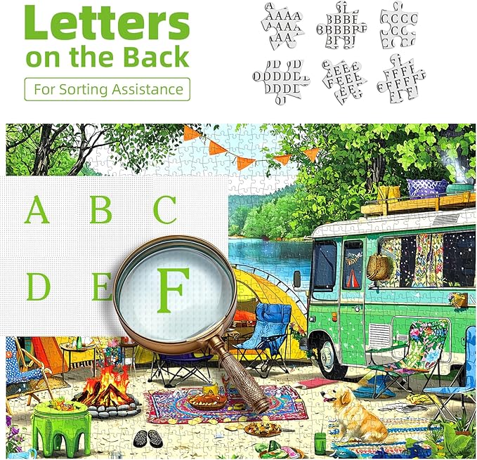 500 Pieces Jigsaw Puzzle for Adults, Vibrant Camping Scene with Retro Camper & Cute Pets, Thick Durable Cardboard, Ideal for Camping Enthusiasts & Puzzle Lovers