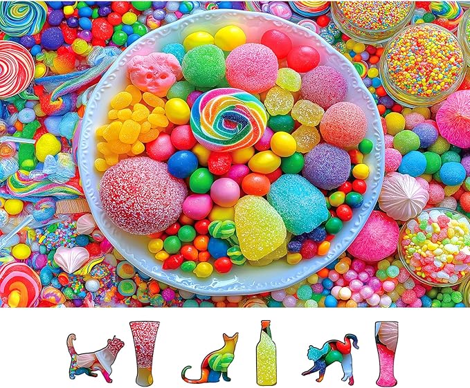 Colorful Candy Sweets 500 Piece Jigsaw Puzzle for Adults Vibrant Rainbow Gummies Candies Delicious Lollipops Desserts Design Puzzles with Letters on Back Fun Family Challenging Puzzle(23''×15'')