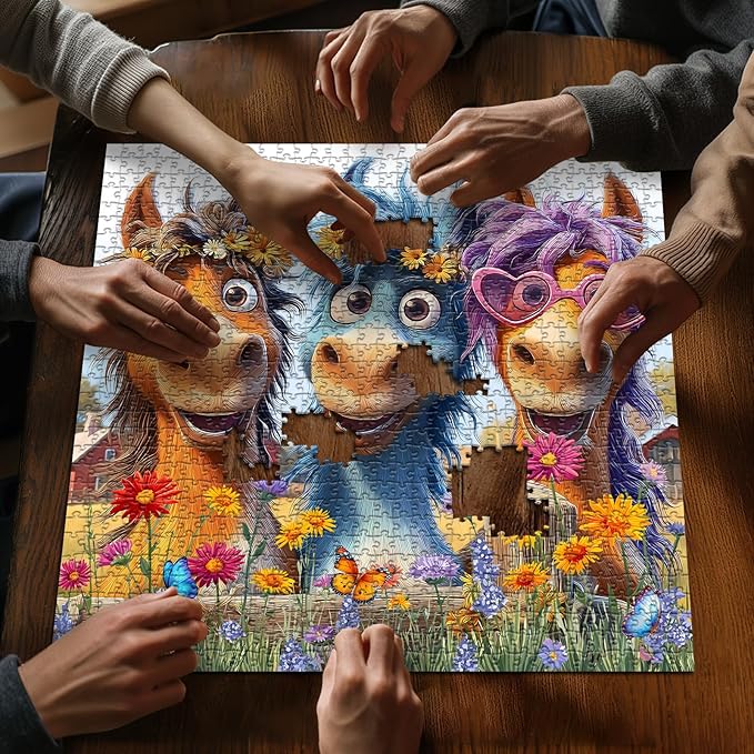 Funny Horse Puzzles for Adults 1000 Pieces, Nature Puzzle Farm Flower Cute Animal, Abstract Art Garden Challenge Jigsaw Puzzle