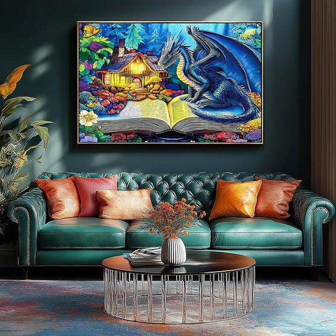Dragon Jigsaw Puzzle for Adults 500 Piece, Magic Dinosaur Reading Books Puzzles Fantasy Animal Wildflower Challenge for Adults, Family, Decoration, Party Game, Finished Size 23" x 15"