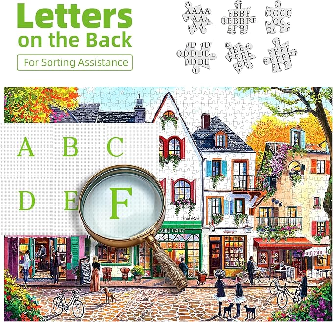 European Street Scene 1000 Piece Jigsaw Puzzle for Adults Seniors Colorful Buildings Autumn Tree Jigsaw Puzzle with Letters on Back Framable Puzzles for Perfect Family Game Night(27.6"x19.7")