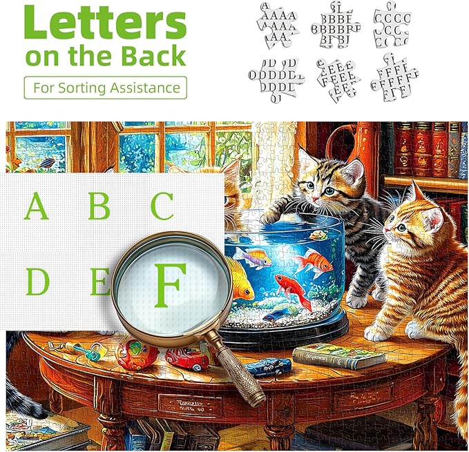500 Piece Jigsaw Puzzles for Adults - Kittens & Goldfish Library Scene Puzzle,Cute Cats Puzzle with Letters on Back Perfect Game Night Gift for Family Seniors(23x15 Inch)