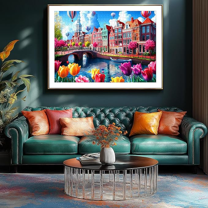 Puzzles for Adults 1000 Pieces, Amsterdam Canals-Tulip Flower, City Buildings Challenging Jigsaw Puzzles for Adults for Family Fun Challenging, Party Game Gifts Decoration, 27.5 x 19.7 inch