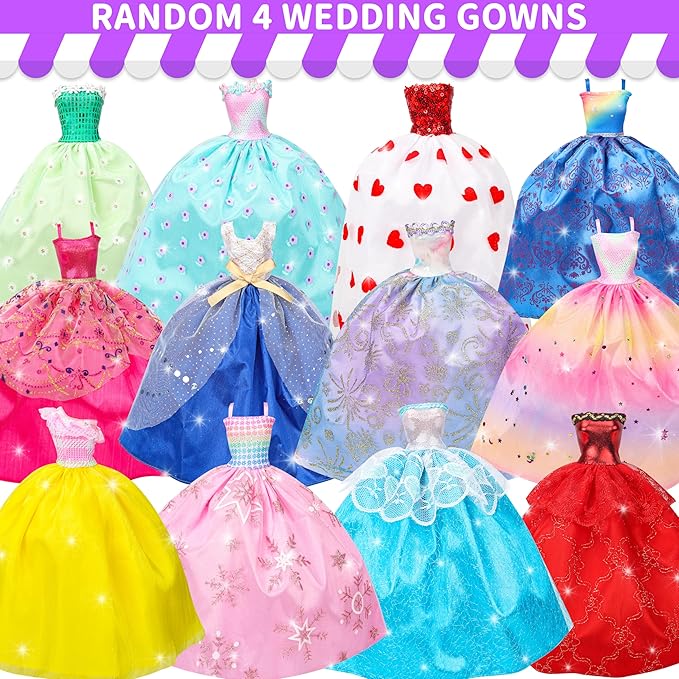 Style Shine 70 Pcs Doll Clothes and Accessories,4 Wedding Gowns 2 Evening Dresses 8 Fashion Dresses 6 Set Casual Outfit Top and Pant 2 Swimsuit,18 Hanger 10 Shoe 20 Accessories Toys for Girls Kid Gift