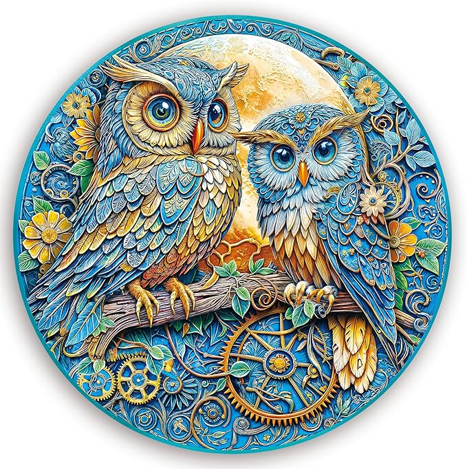1000 Piece Round Jigsaw Puzzle for Adults - Steampunk Owl Family, 26.8" Diameter – Stress Relief & Cognitive Challenge, Ideal Mindfulness Gift for Family Game Night, Artistic Wall Decor