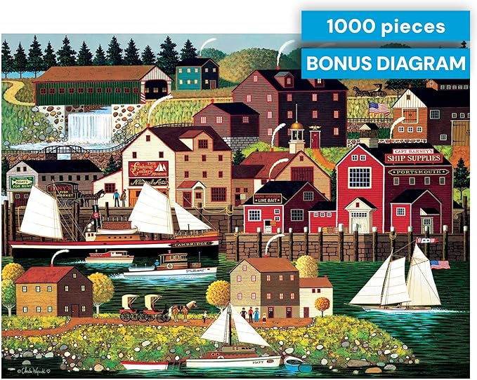 Buffalo Games The Cambridge by Charles Wysocki 1000 Piece Jigsaw Puzzle for Adults Classic Americana Harbor Scene with Reference Poster Made in The USA